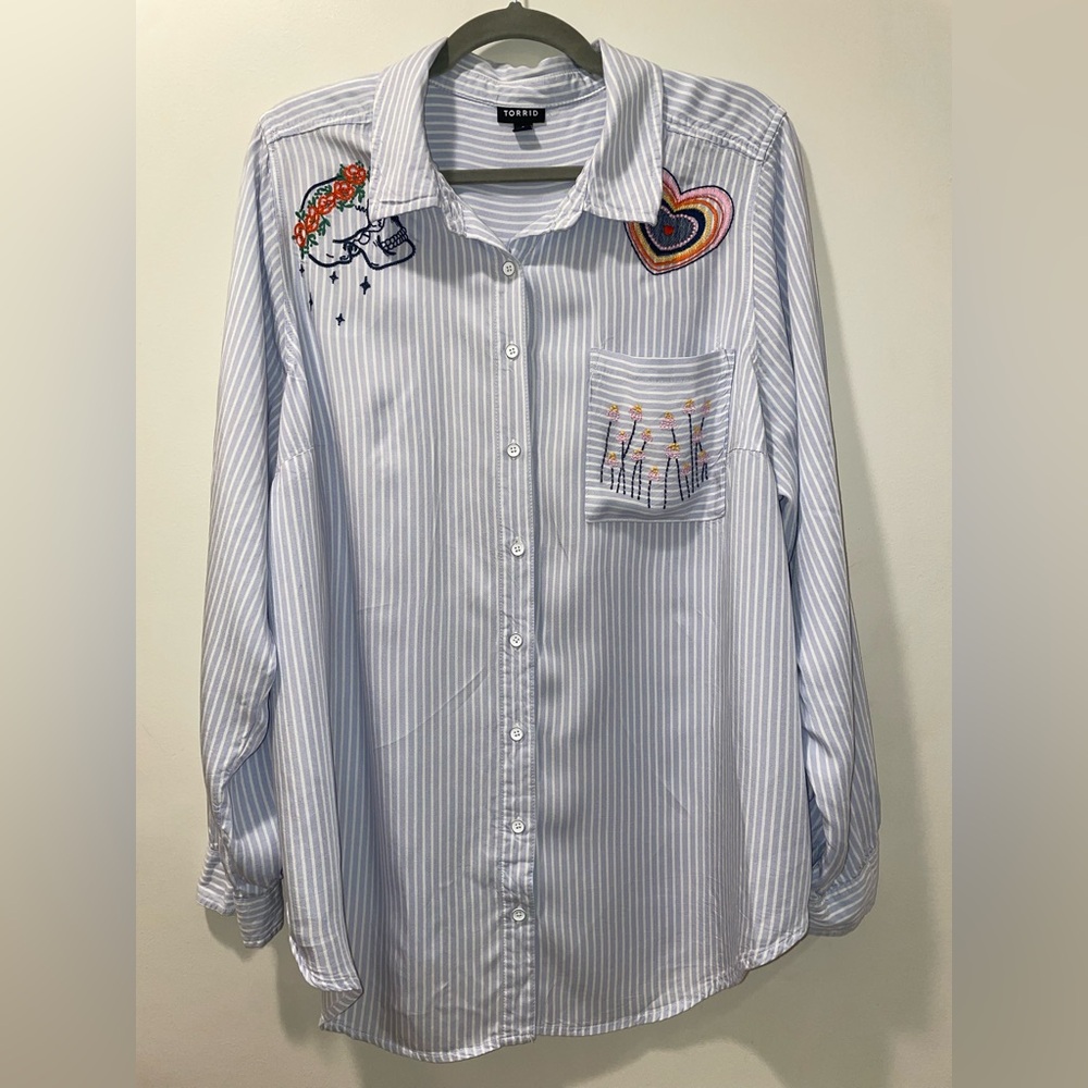 Womens Torrid Blouse Embroidered Button Up Long Sleeve Shirt